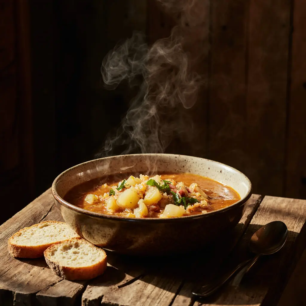 Dampfende Sauerkraut-Kartoffel-Suppe in einer rustikalen Schüssel, garniert mit Kräutern, umgeben von Brot und Löffel auf Holztisch.