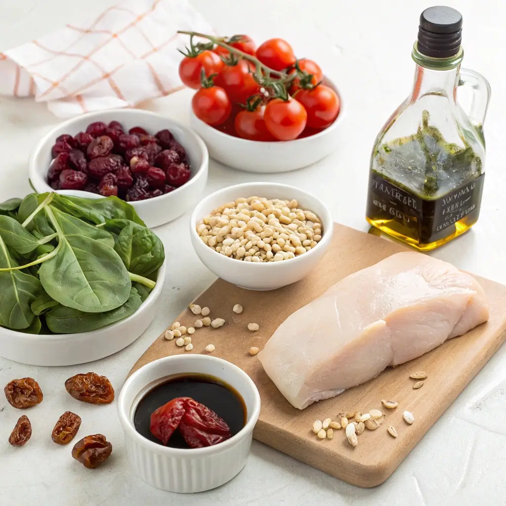 Zutaten für Sommerfrischer Spinatsalat mit gegrilltem Hähnchen: frischer Spinat, Tomaten, getrocknete Cranberries, Sesamkerne, Balsamico-Essig, Olivenöl, Zwiebelscheiben und ein Stück Hähnchenbrust.