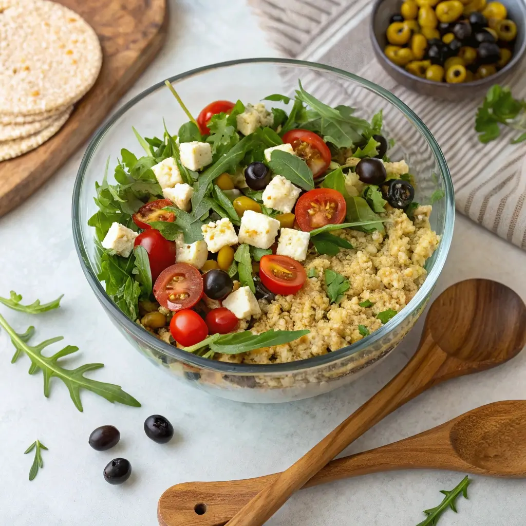 Ein Sommerlicher Reissalat mit Rucola und Schafskäse serviert in einer durchsichtigen Schüssel. Der Salat ist farbenfroh gestaltet, mit frischem Rucola, Tomatenwürfeln, Oliven, würzigen Zwiebeln und cremigem Schafskäse. Garniert wird er mit frischen Kräutern und Oliven, was dem Gericht einen mediterranen Touch verleiht.