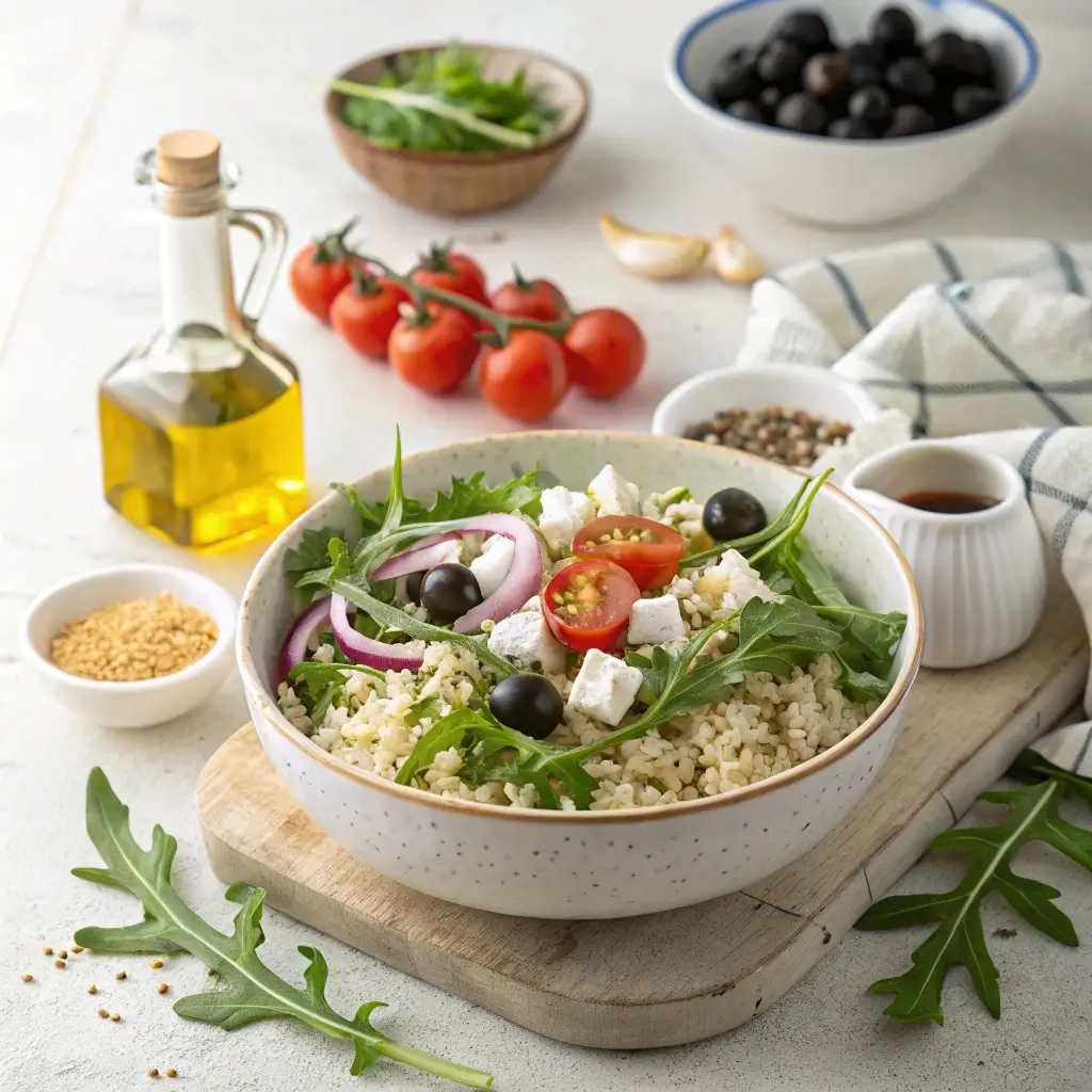 Zutaten für Sommerlichen Reissalat mit Rucola und Schafskäse: Basmatireis, frische Rucola-Blätter, Tomatenwürfel, Zwiebelringe, Oliven, Schafskäse, Olivenöl, Essig und Kräuter.