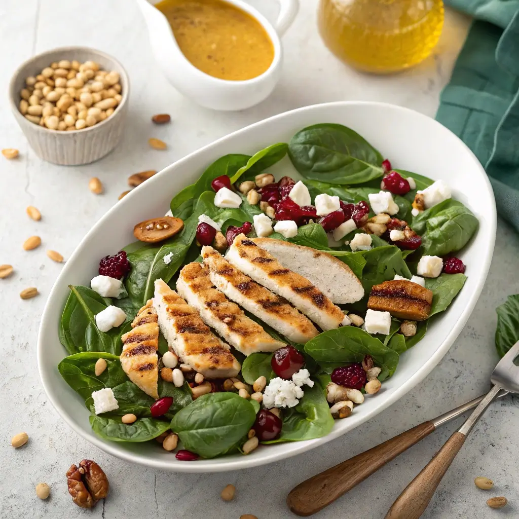 Ein leckerer Spinatsalat mit gegrilltem Hähnchen serviert in einer weißen Schale. Der Salat ist garniert mit frischem Spinat, getrockneten Cranberries, Käsewürfeln, Pinienkernen und gerösteten Mandeln. Im Hintergrund sind Dressing und Öl zu sehen.