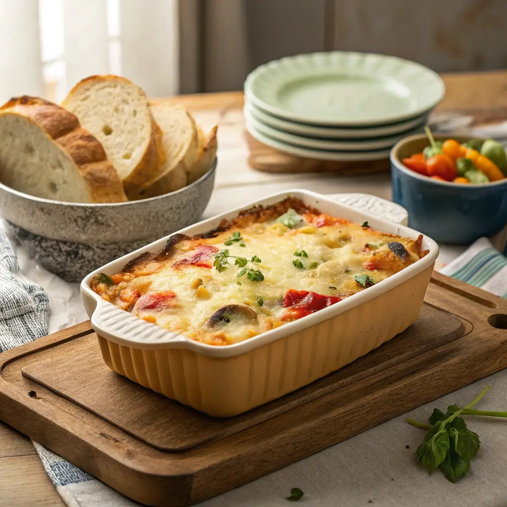 Ein köstliches Überbackenes Sommergeschnetzeltes serviert in einer gelben Backform. Das Gericht hat eine goldbraune, knusprige Oberfläche mit cremigem Käse und frischen Kräutern als Garnierung. Im Hintergrund sind Scheiben Brot und ein Salat zu sehen.