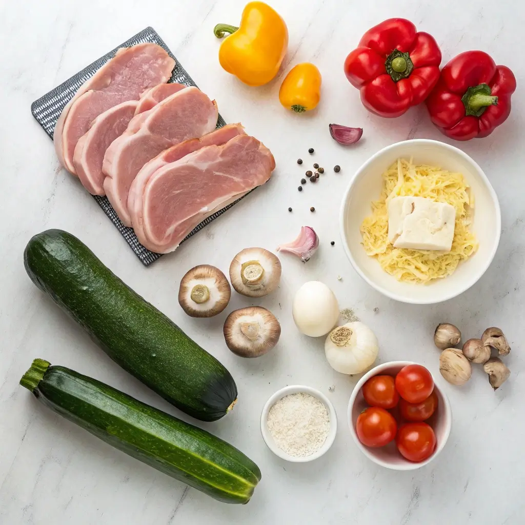 Zutaten für Überbackenes Sommergeschnetzeltes: Schweinefleisch, Zucchini, Pilze, Tomaten, Paprika, Knoblauch, Parmesan, Sahne, Ei und Gewürze.
