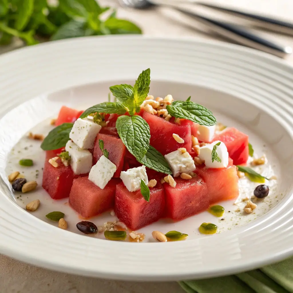Wassermelonen-Feta-Salat mit Minze serviert auf einem weißen Teller – frische Wassermelonenwürfel, cremige Feta, Minzblätter, Pinienkerne und Olivenöl in einer eleganten Präsentation.