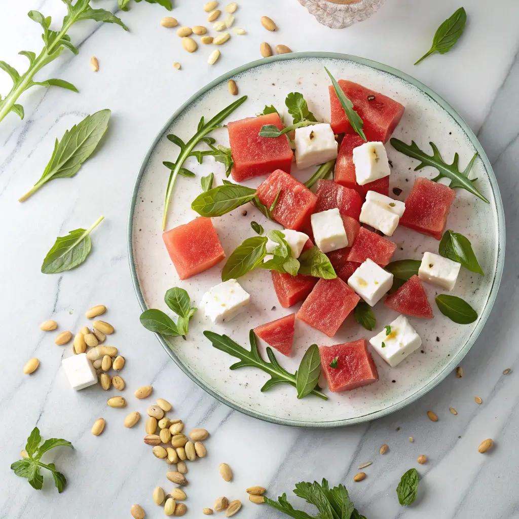 Wassermelonen-Feta-Salat mit Minze: Würfel aus frischer Wassermelone, cremiger Feta, Minzblätter, Rucola und Pinienkerne auf einem hellen Teller – ein erfrischender Sommer-Salat.