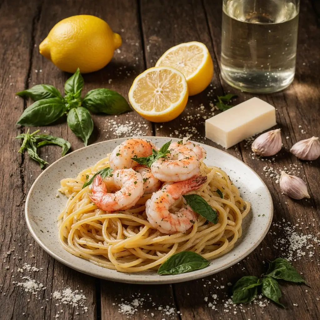 So wird Zitronenspaghetti mit Garnelen und Kräutern perfekt serviert: cremig, zart und voller mediterraner Aromen – ein leckerer Sommergenuss auf den ersten Blick.