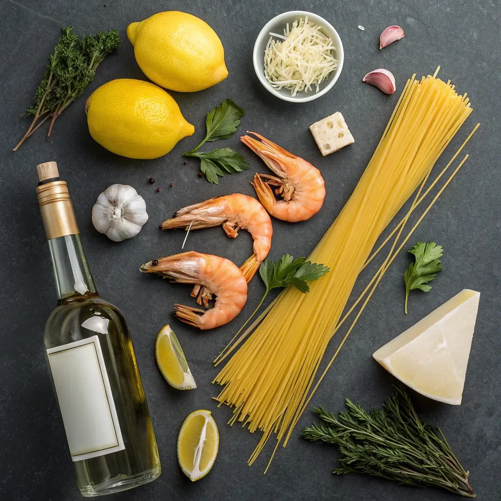 Zutaten für Zitronenspaghetti mit Garnelen: Spaghetti, frische Garnelen, Zitronen, Knoblauch, Olivenöl, Parmesan, Petersilie, Thymian und Rosmarin auf dunklem Hintergrund – ein leckeres Sommergericht im Vorbereitung.
