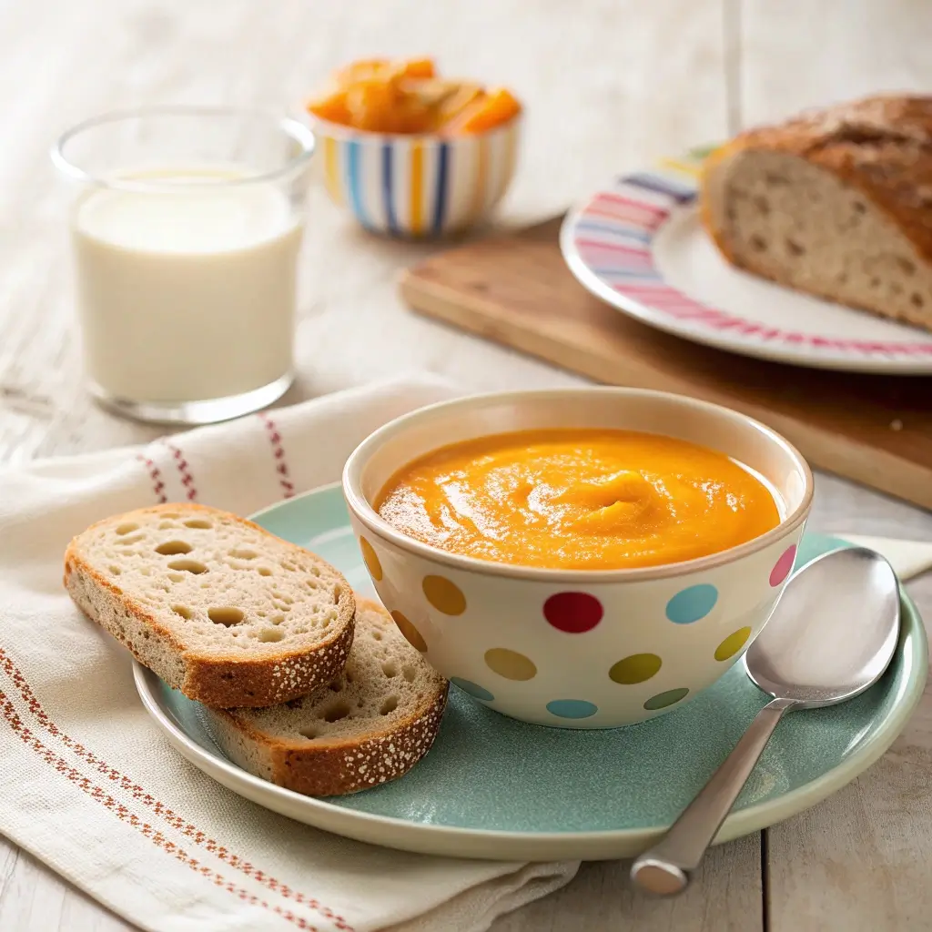Eine cremige Kürbissuppe mit Kokosmilch serviert in einer bunten Schale mit farbigen Punkten. Neben der Suppe liegt ein Teller mit zwei Scheiben Vollkornbrot, daneben steht ein Glas Milch und im Hintergrund ist eine Schale mit orangefarbenen Würfeln zu sehen. Die Szene wirkt gemütlich und einladend.