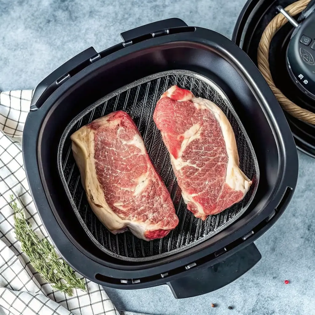 Zwei frische Rindersteaks liegen auf dem Grillkorb eines Airfryers, bereit für die Zubereitung.
