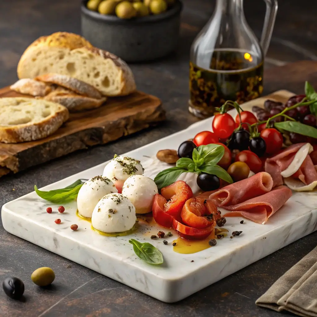 Elegantes Antipasti-Buffet auf einer Marmorplatte mit Mozzarella-Kugeln, gerolltem Schinken, Kirschtomaten, schwarzen Oliven, Rosinen und frischem Basilikum. Im Hintergrund Ciabatta, Olivenöl und weitere Beilagen – ein stilvolles, mediterranes Vorspeisenarrangement.