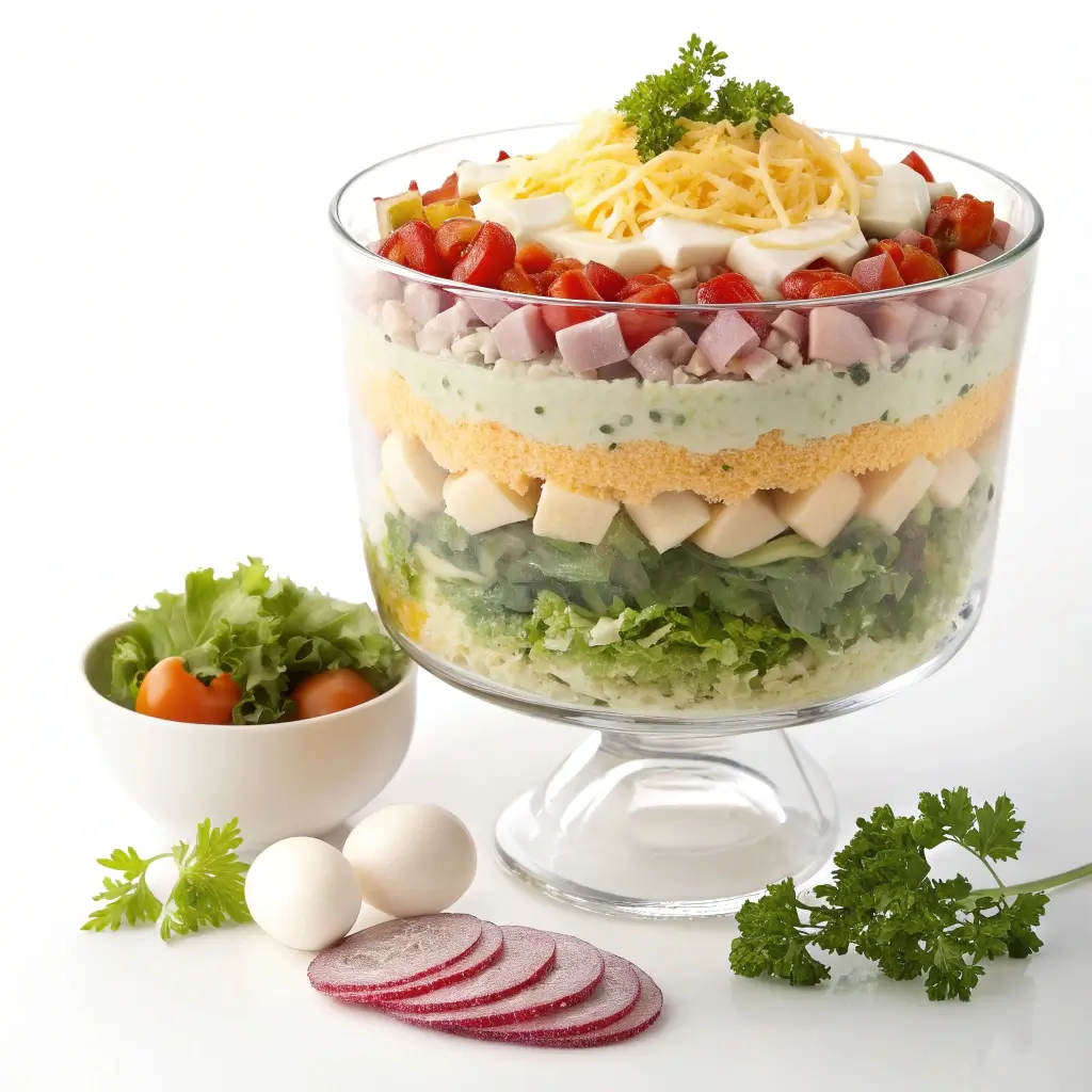 Farbenfroher Schichtsalat in einem hohen Glasgefäß mit klaren Schichten aus Salat, Karotten, Ei, Schinken, Käse und Tomaten. Umgeben von frischen Zutaten wie Radieschen, Eiern, Petersilie und einer kleinen Schüssel mit Gemüse – ein visuell ansprechendes und gesundes Gericht.
