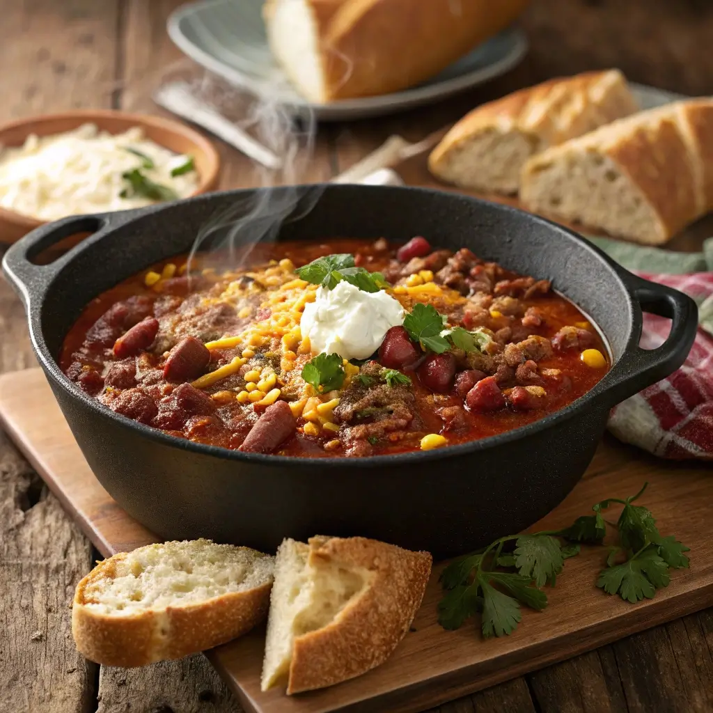 Schwarzer Kochtopf mit dampfendem Chili con Carne, garniert mit Käse, Sahne und Koriander. Umgeben von frischem Brot, geriebenem Käse und Kräutern auf rustikalem Holztisch – perfekt für eine gemütliche Gruppenfeier.