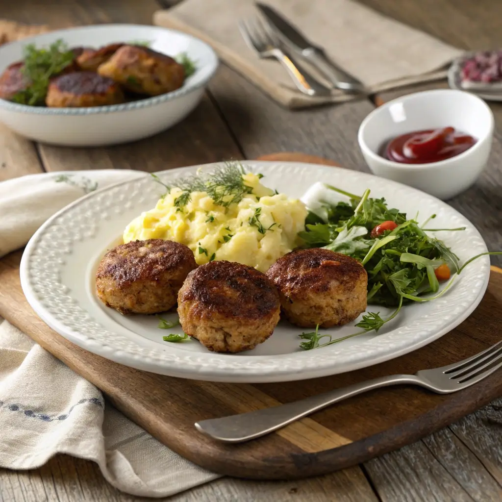 Frikadellen im Backofen servieren – knusprig gebacken, angerichtet mit cremiger Kartoffelpüree, frischem Rucola-Salat und Ketchup auf rustikalem Holzbrett. So wird dein Abendessen zum Genuss-Erlebnis!