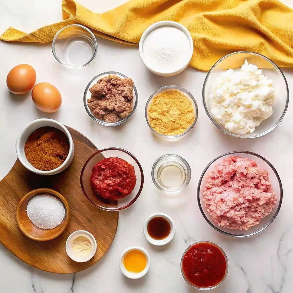 Zutaten für ein Hackbraten Rezept für 4 Personen: Hackfleisch, Eier, Semmelbrösel, Tomatenmark, Knoblauch, Salz, Pfeffer, Muskat, Senf und Zwiebeln – ordentlich angerichtet auf einer Arbeitsfläche.