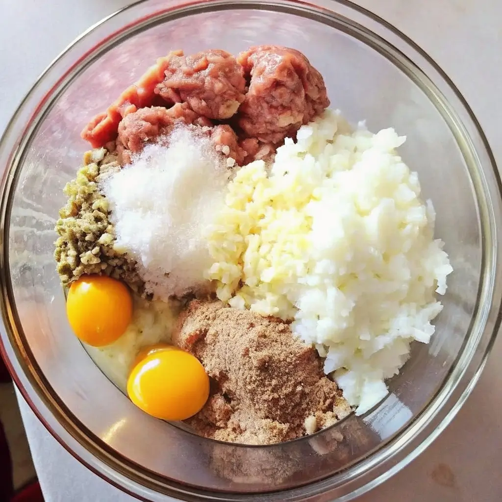 Zubereitung eines Hackbratens: Hackfleisch, Zwiebeln, Eier, Semmelbrösel, Knoblauch und Gewürze in einer Schüssel gemischt – der erste Schritt für einen saftigen Hackbraten.