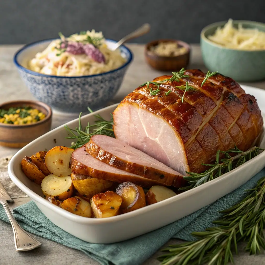 Geschnittenes Honig-Kasseler in einer weißen Auflaufform, umgeben von gebratenen Kartoffeln und Rosmarinzweigen. Im Hintergrund Sauerkraut, Kartoffelsalat und Mais – ein festliches, appetitanregendes Menü für die ganze Familie.