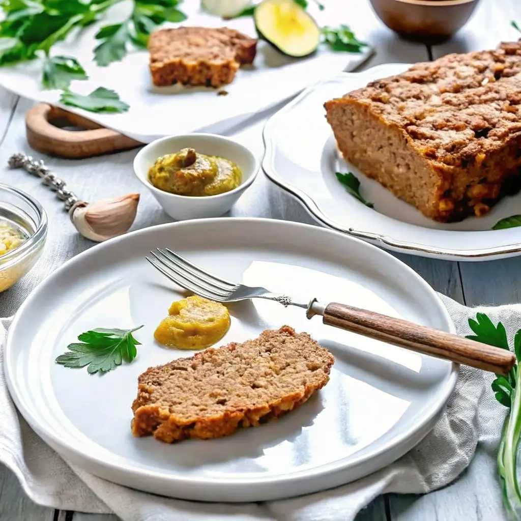 Klassischer Hackbraten serviert: Eine Scheibe auf einem weißen Teller mit Senf, Petersilie und Gabel – perfekt angerichtet für ein herzhaftes Abendessen.