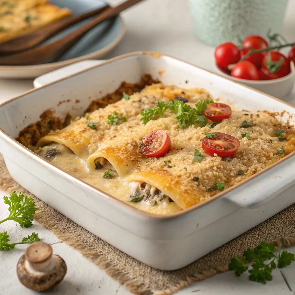 Maultaschen-Gratin in einer weißen Auflaufform mit goldbrauner Kruste aus Brotkrumen, Petersilie und halbierten Kirschtomaten. Umgeben von frischen Pilzen, Tomaten und Kräutern auf rustikalem Tischtuch – ein appetitanregendes, traditionell-modernes Gericht.