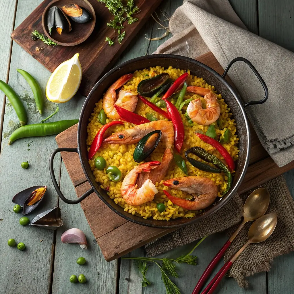 Farbenfrohe mediterrane Paella in einer traditionellen Pfanne mit Garnelen, Muscheln, roten und grünen Paprikaschoten, Erbsen und saffranfarbenem Reis. Umgeben von Zitrone, Chili, Knoblauch und Kräutern auf rustikalem Holztisch – ein echter Augen- und Gaumenschmaus.