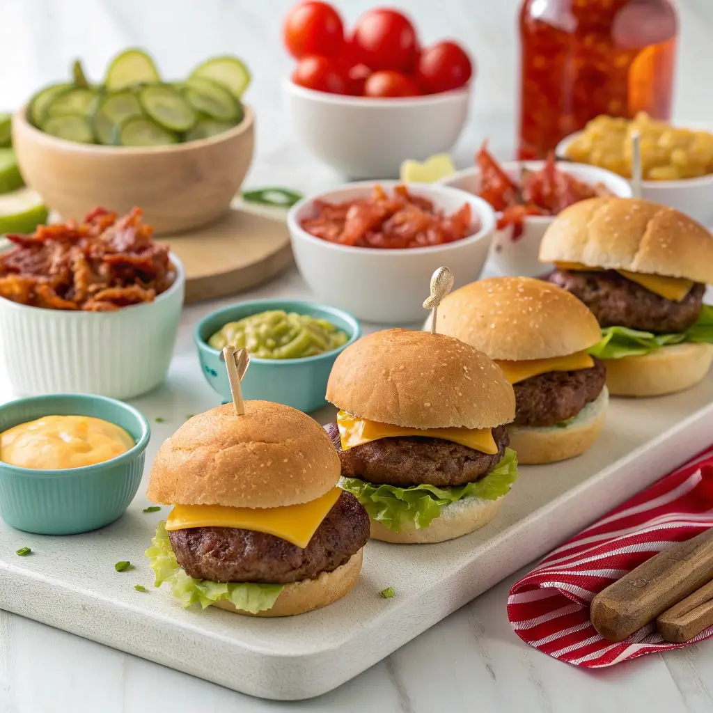 Mini-Burger auf einer Holzplatte mit verschiedenen Belägen wie Käse, Salat und Tomate. Umgeben von Schälchen mit Zutaten wie Bacon, Gurken, Ketchup, Senf, Avocado und Mais – eine farbenfrohe und einladende Burger-Station für alle Altersgruppen.