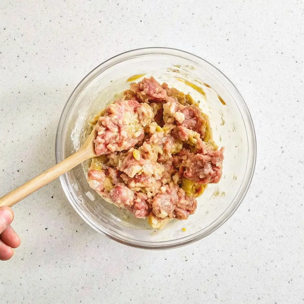 Die perfekte Hackmasse für Frikadellen – frisch gemischt mit Zwiebeln, Ei und Gewürzen in einer Glas-Schüssel. So wird jede Frikadelle saftig, fest und unwiderstehlich.