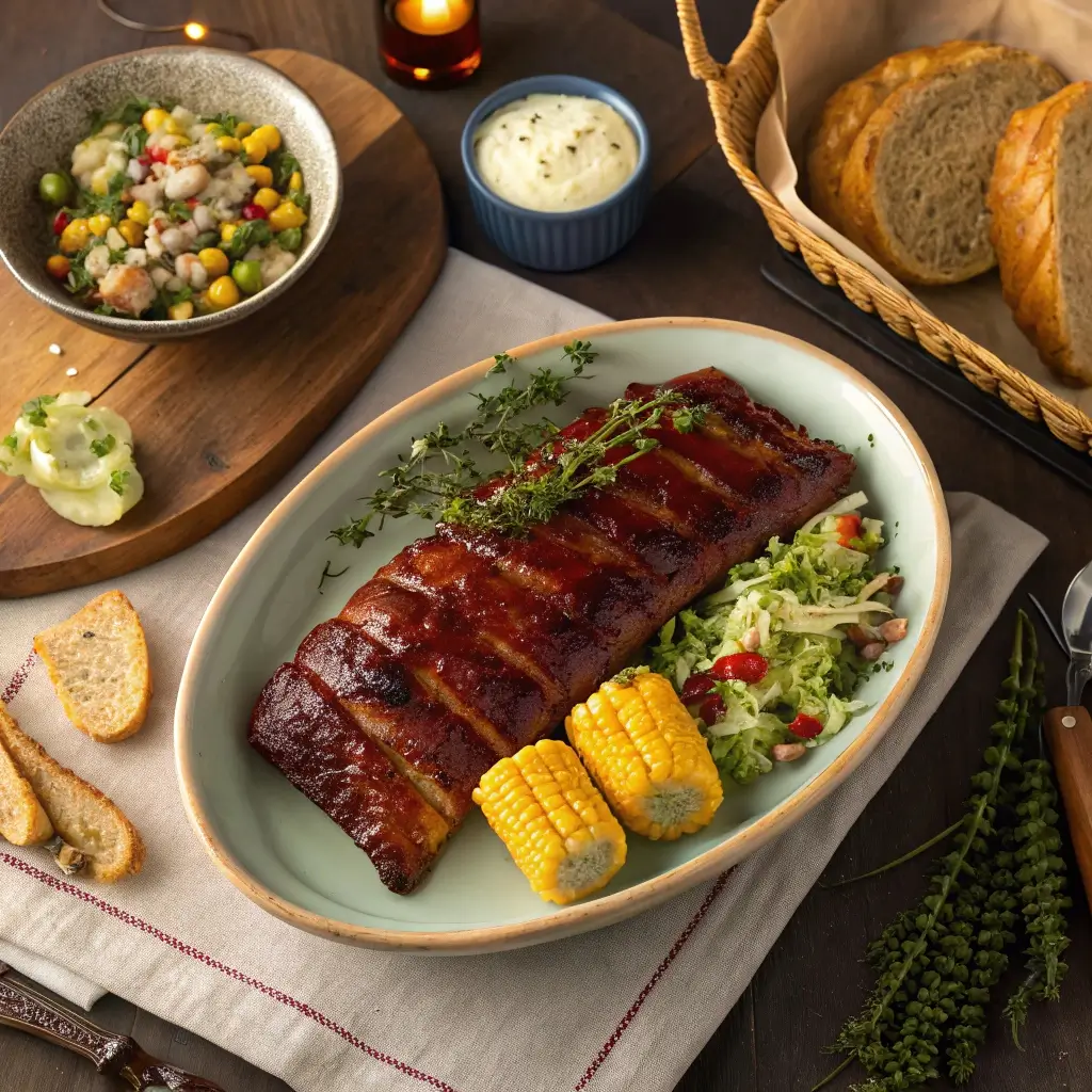 Die Spareribs im Backofen servieren – glänzend, saftig und perfekt angerichtet mit Mais, Krautsalat, Knoblauchbrot und Kräutern. Ein Fest für Auge und Gaumen.