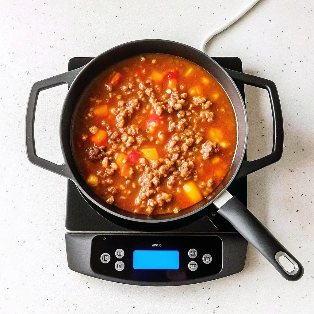 Frisch zubereitete Hacksoße vorbereiten: Saftiges Hackfleisch mit buntem Gemüse in Tomatensauce im Topf – der perfekte Grundbaustein für Pastizio, Lasagne oder Spaghetti.