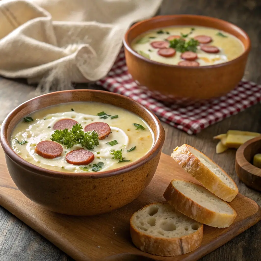 Servierfertige Kartoffelsuppe Thermomix mit Würstchen & Sahne – cremig, herzhaft & perfekt zum Eintauchen von Brot