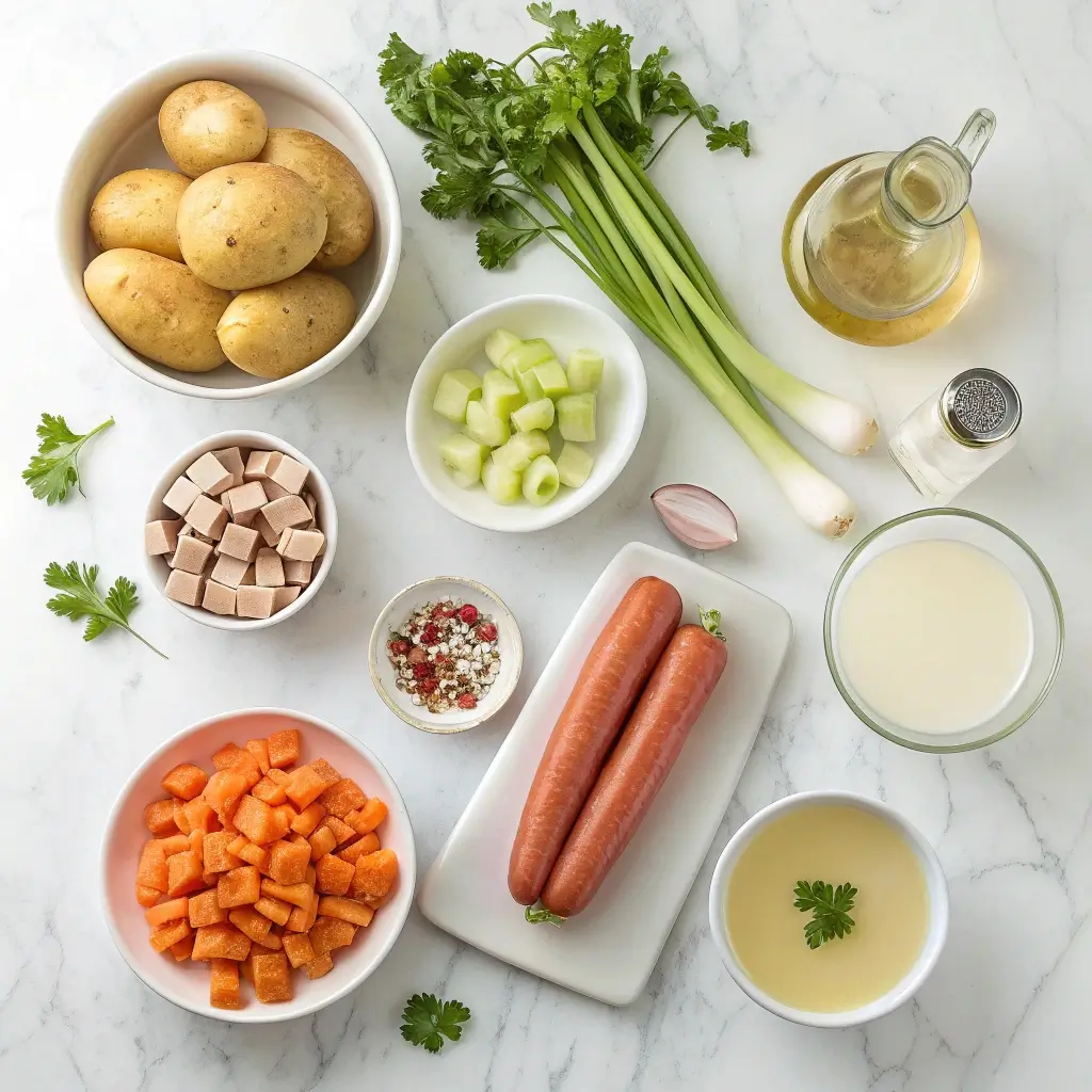 Frische Zutaten für Kartoffelsuppe aus dem Thermomix: Kartoffeln, Karotten, Lauch, Würstchen & Sahne – einfach, lecker & perfekt portioniert