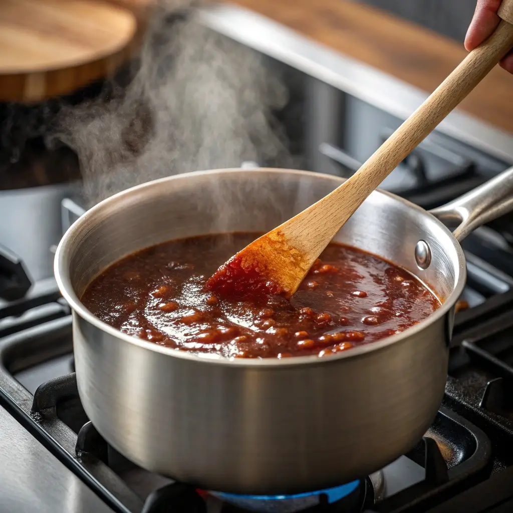 Heiße, köstliche Marinade kochen – dampfende BBQ-Sauce in einem Topf auf dem Herd, mit Holzlöffel umgerührt. Perfekt für Spareribs, Hähnchen oder Steak.