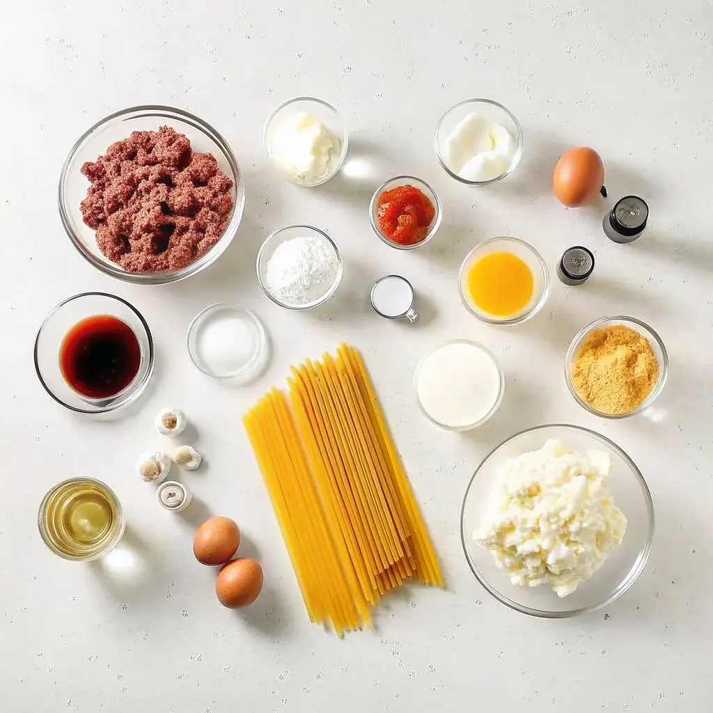 Zutaten für ein leckeres Pastizio Rezept für 2 Personen: Hackfleisch, Nudeln, Käse, Eier und Gewürze auf weißem Tisch – perfekt für ein gemütliches Abendessen.