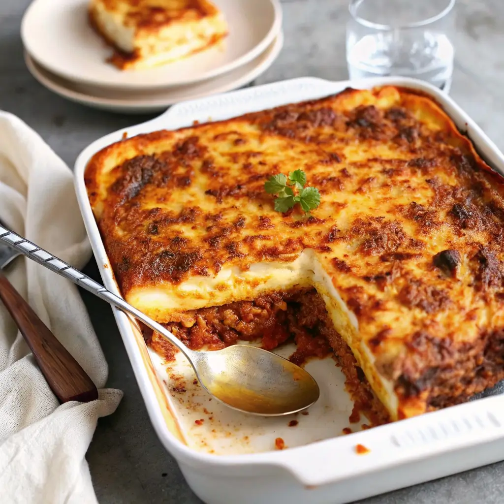 Leckeres Pastizio servieren: Griechische Lasagne mit knuspriger Käsesoße und saftiger Fleischfüllung aus dem Backofen.