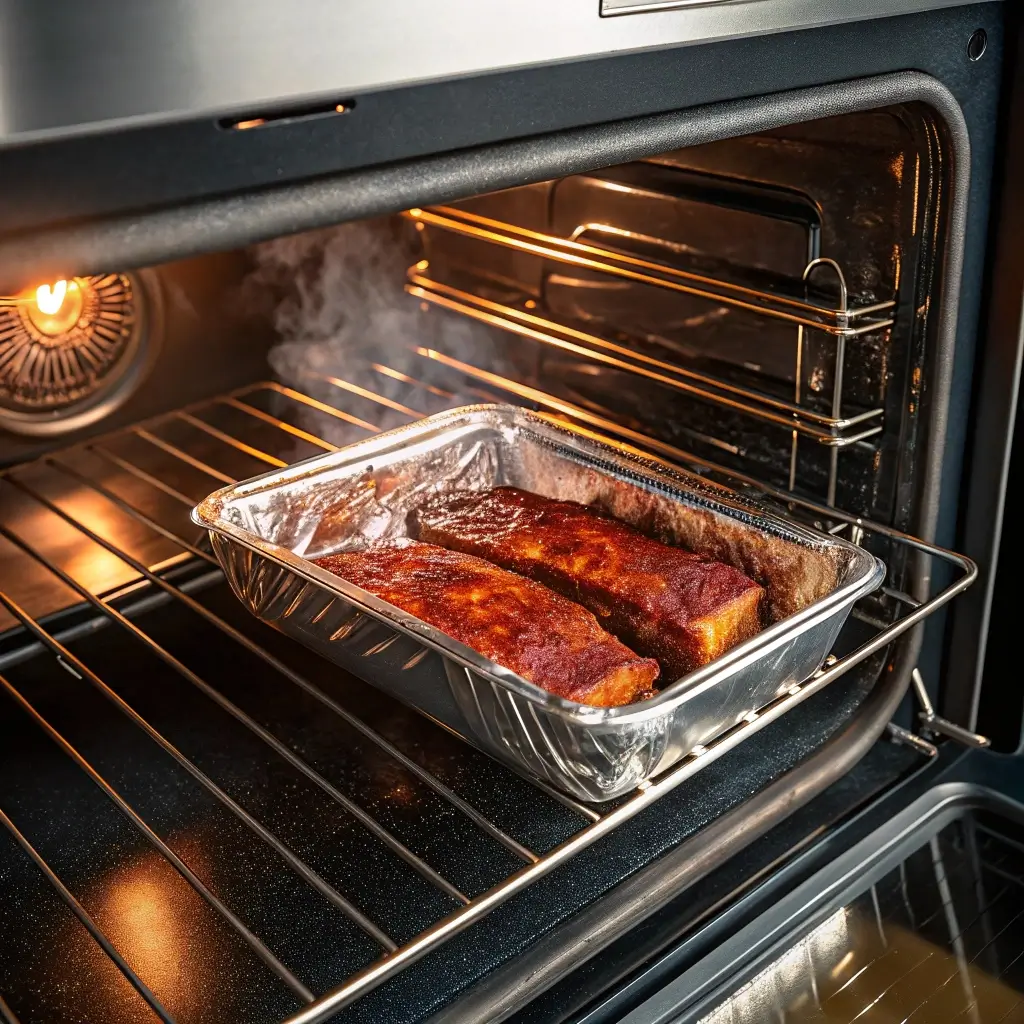 Spareribs im Ofen garen lassen – saftige Rippchen in einer Aluschale auf dem Backblech, mit Dampf und goldenem Glanz. Perfekt für ein einfaches, aber leckeres Backofengericht.