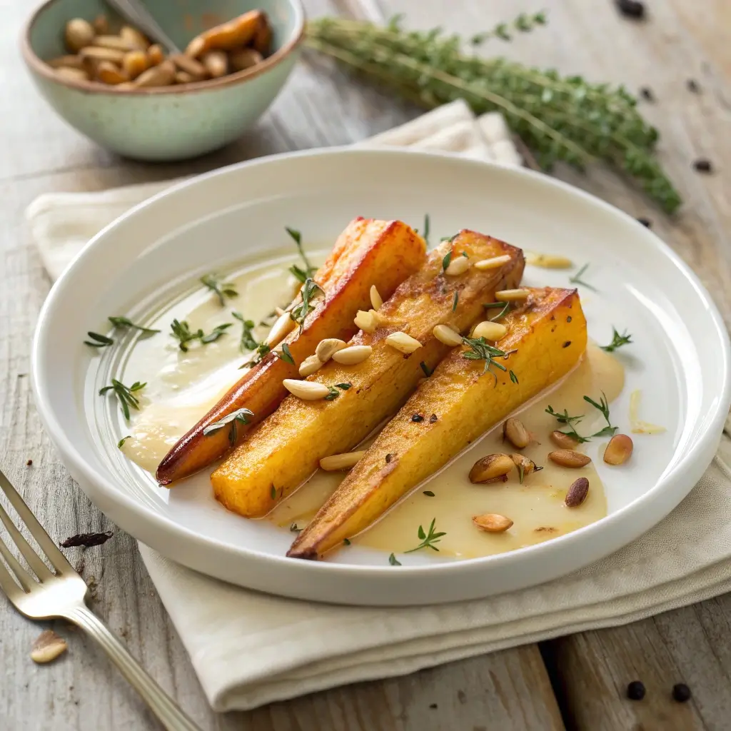 Gebratene Pastinaken servieren: knusprig gebacken, mit Thymian, Pinienkernen & cremiger Sauce auf weißem Teller