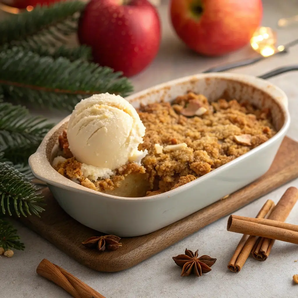 Bratapfel-Crumble mit Vanilleeis – saftige Äpfel, knuspriger Streusel und cremiges Vanilleeis. Perfekt als warmes Herbst- oder Winterdessert.