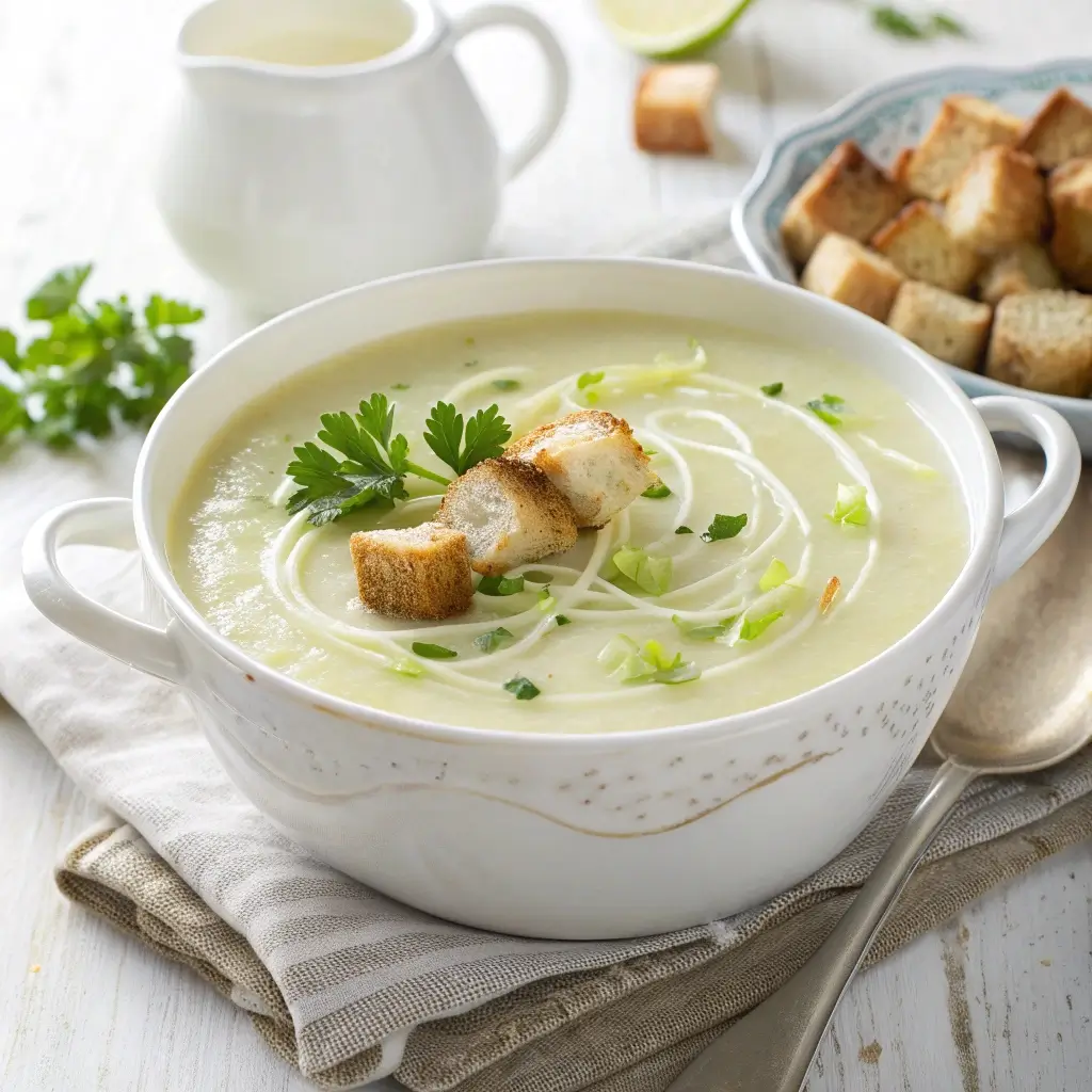 Cremige Kartoffel-Lauch-Suppe servieren mit Croutons & Sahnespirale.