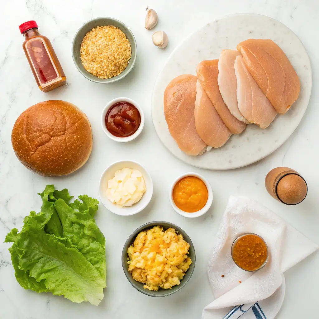 Zutaten für Crispy Chicken Burger selber machen – Rezept für 2 Personen: Hähnchen, Brot, Salat, Sauce & Panade 