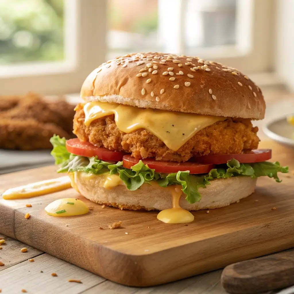 Crispy Chicken Burger servieren: Knuspriges Hähnchen, schmelzender Käse & frischer Salat im Sesambrötchen