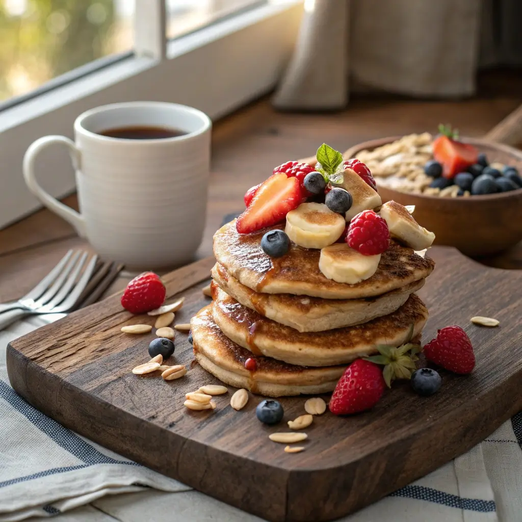 Fluffige Banana Pancakes servieren: goldbraun, mit Beeren, Bananenscheiben & Ahornsirup auf Holzbrett
