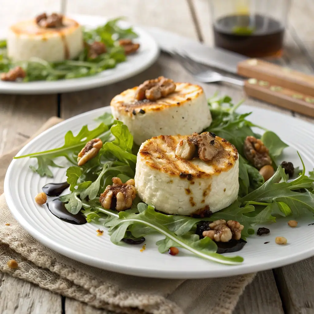 Gratinierter Ziegenkäse mit Honig auf frischem Rucola-Salat – cremig, süß-sauer, perfekt als Vorspeise oder leichtes Hauptgericht.