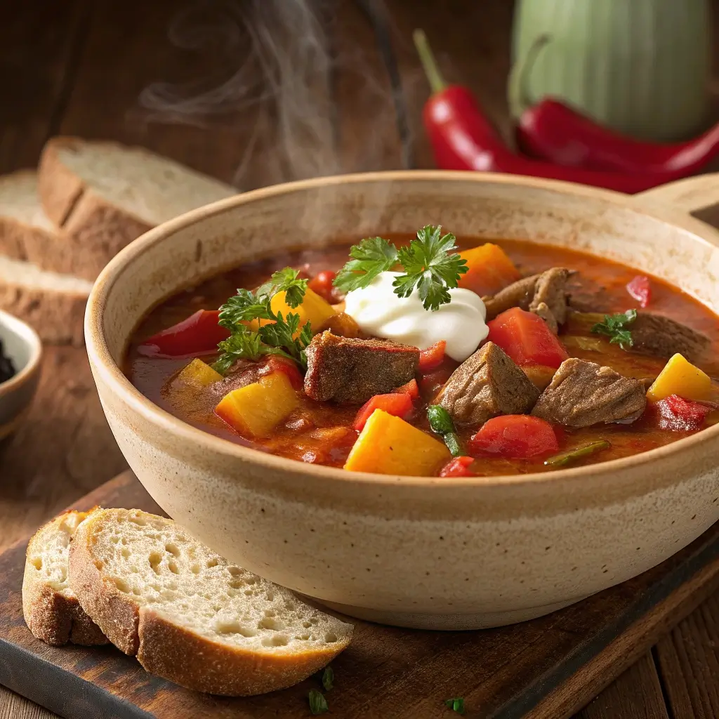 Herzhafte Gulaschsuppe servieren – dampfende Suppe mit zartem Fleisch, Gemüse und frischem Brot.