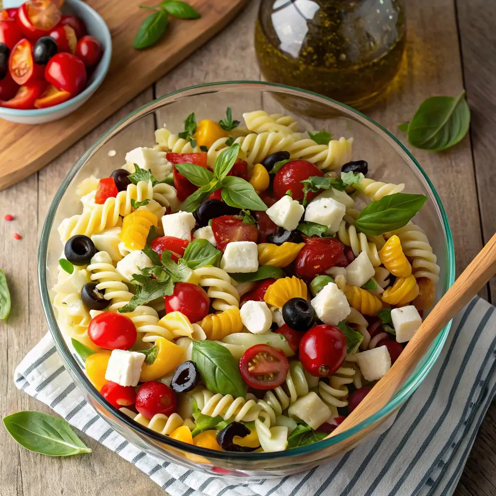 Mediterraner Nudelsalat servieren mit Mozzarella, Tomaten & frischem Basilikum.