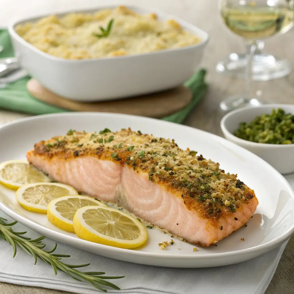 Ofenlachs mit knuspriger Kräuterkruste serviert auf cremigem Kartoffel-Lauch-Gratin – perfekt für gesundes, elegantes Essen zu Hause.