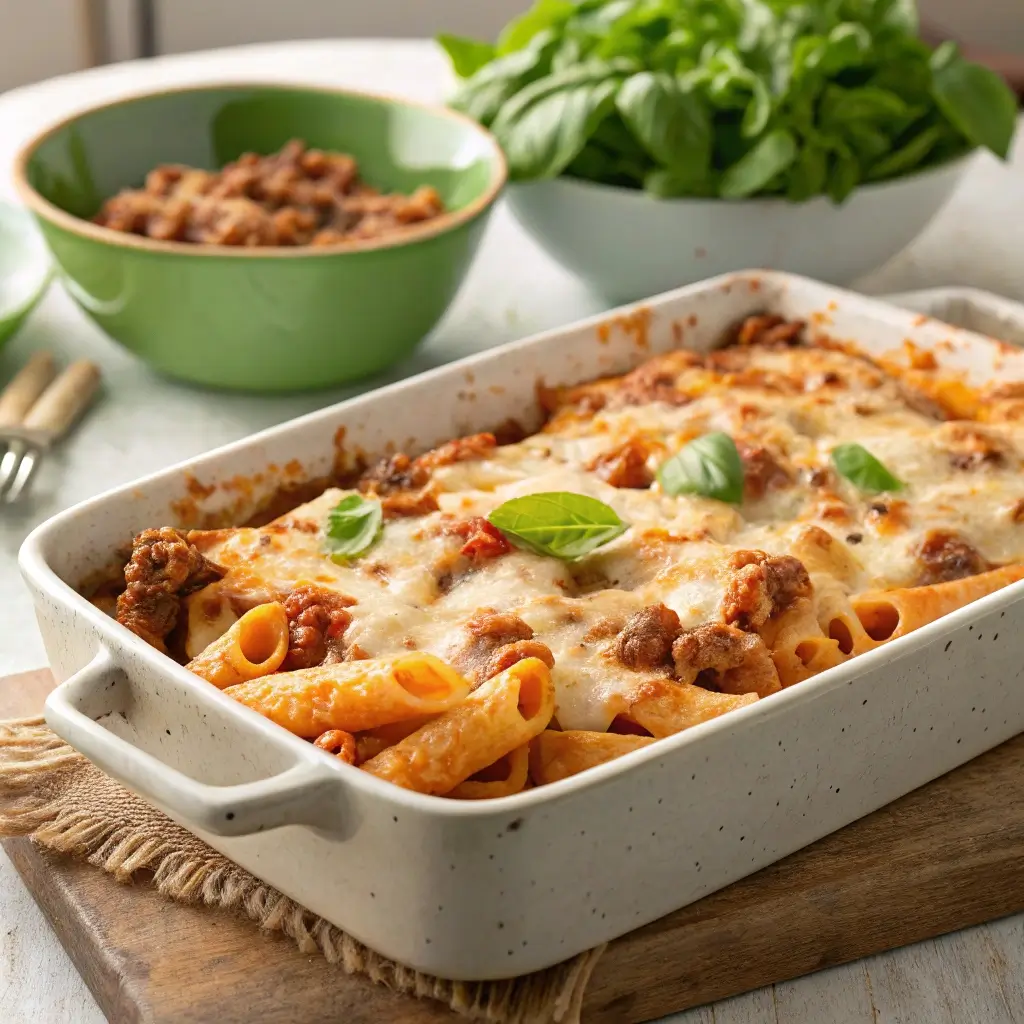 Saftiger Nudelauflauf mit Hackfleisch servieren – cremig überbacken mit Käse und frischem Basilikum.