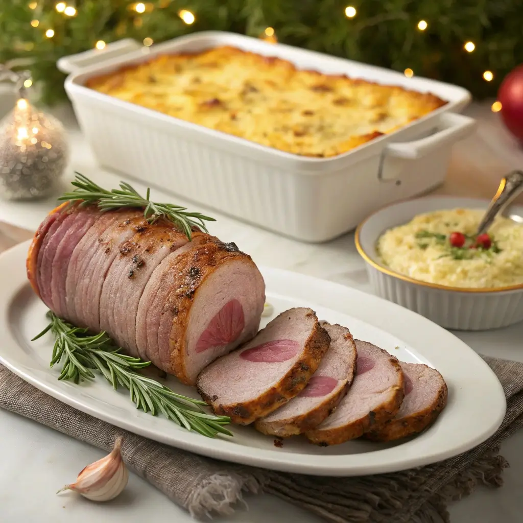 Schweinefilet im knusprigen Speckmantel serviert mit cremigem Kartoffelgratin – perfekt für Feiertage, Familienessen oder besondere Anlässe.