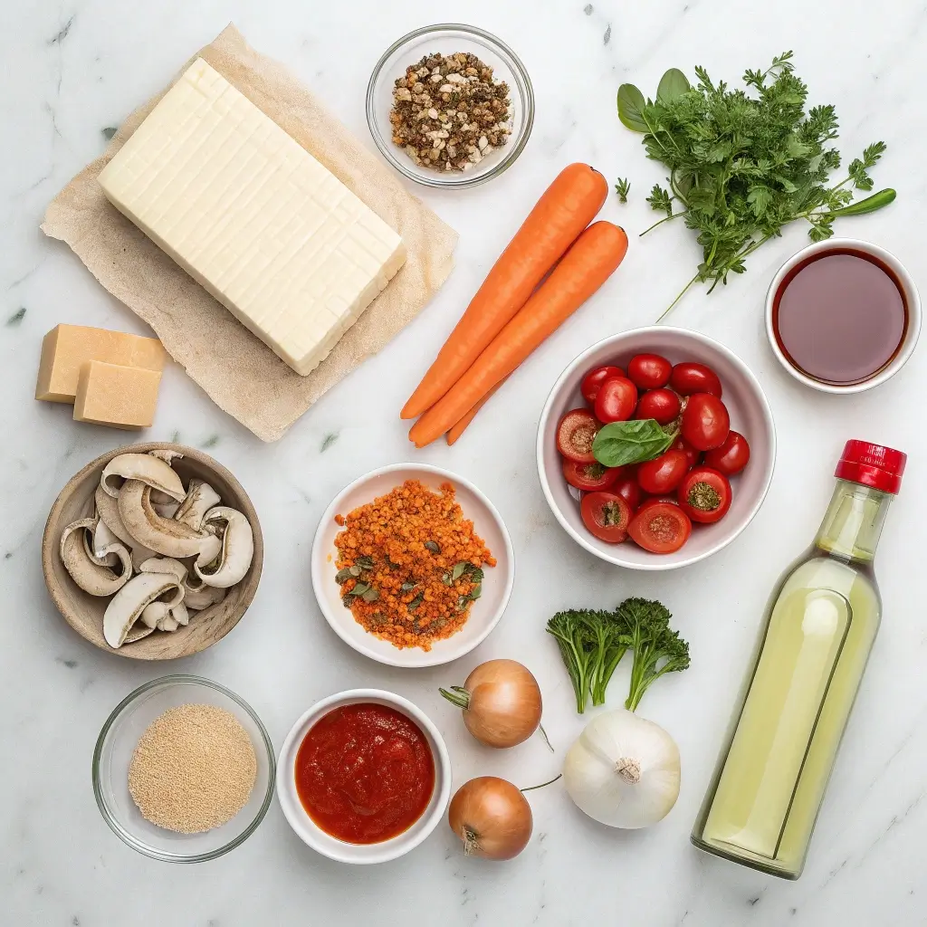 Zutaten für ein veganes Lasagne-Rezept: Tofu, Karotten, Kirschtomaten, Pilze, Zwiebeln, Kräuter, Tomatensauce, Öl, Gewürze und pflanzlicher Parmesan auf heller Arbeitsfläche angeordnet.