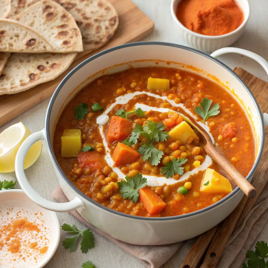 Vegetarischer Linseneintopf servieren – würzig, cremig & mit Kokosmilch-Spirale