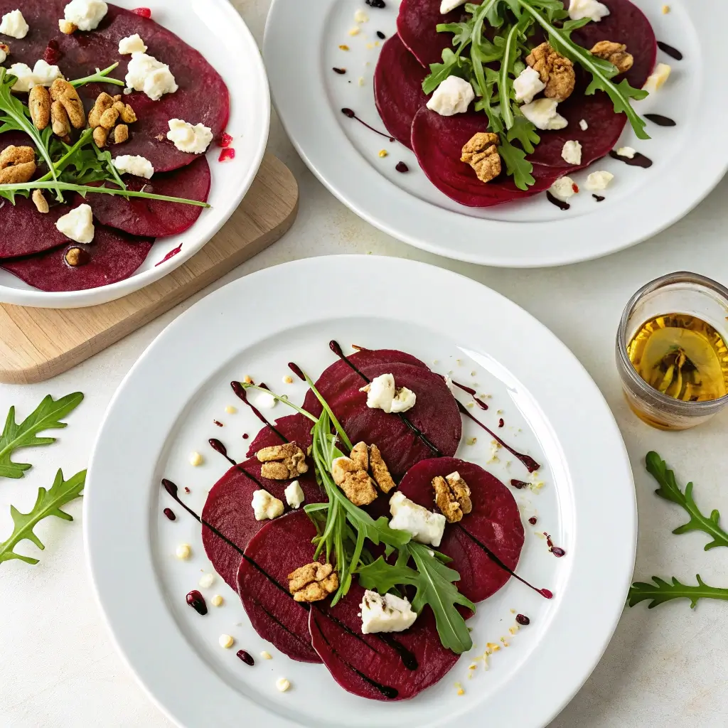 Vorspeise: Rote-Bete-Carpaccio mit Ziegenkäse und Walnüssen – zart, säuerlich-süß, cremig und knusprig. Perfekt als elegante Auftakt-Vorspeise.
