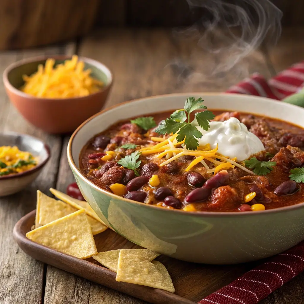 „Würziges Chili con Carne servieren – dampfende Schale mit Bohnen, Mais, Rindfleisch und Toppings.“