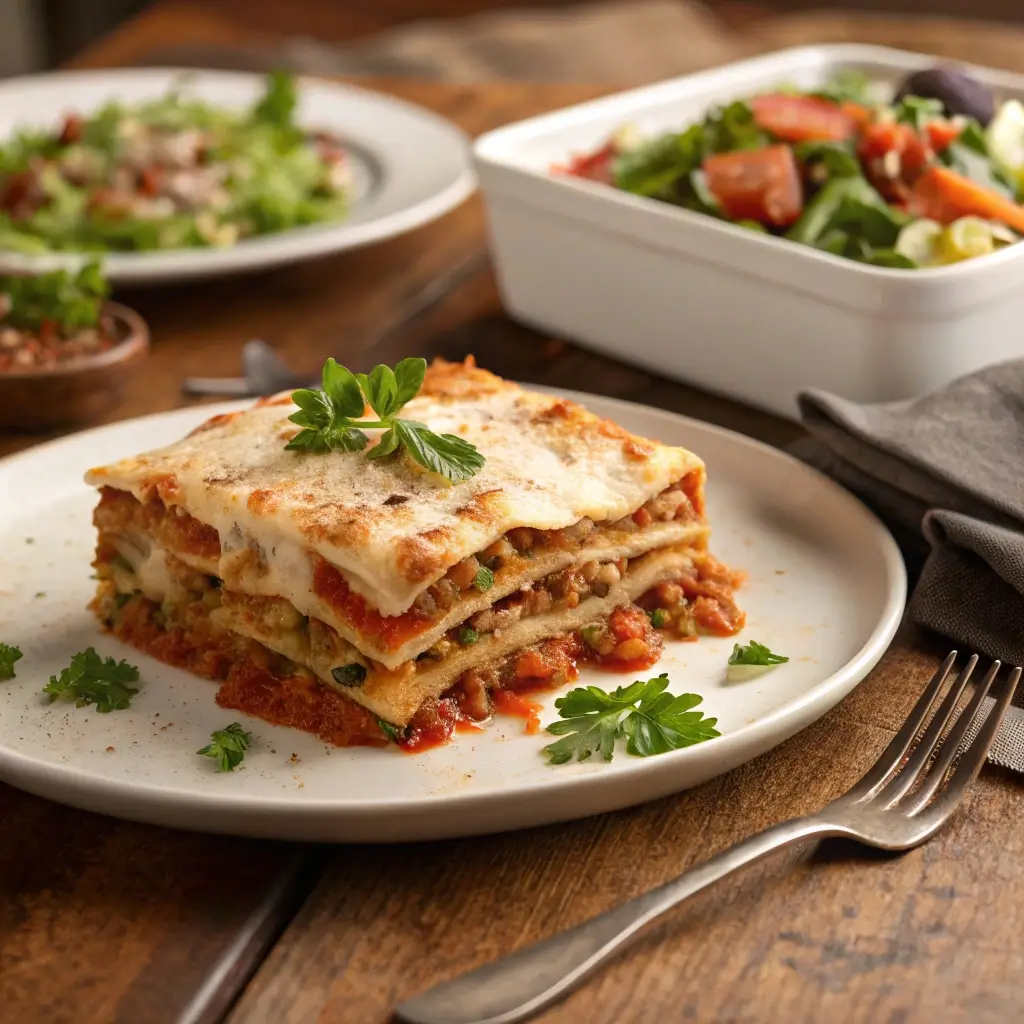 Servierte Portion Lasagne auf einem Teller, geschichtet mit Tomatensauce, Gemüse und cremiger Oberfläche, garniert mit frischen Kräutern, daneben Besteck und Salat im Hintergrund.